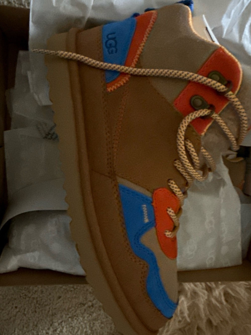 UGG kids Brown Suede Boots with Blue & Orange Accents - Picture 2 of 4